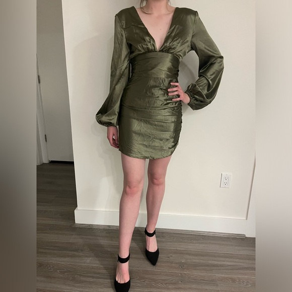 Club London Olive Green Satin Long Sleeve Mini Dress - Picture 1 of 7